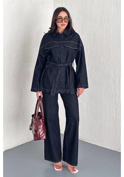 Kadın Kuşaklı Denim Pantolon & Ceket Takımı Modern & Güçlü Siluet Lacivert