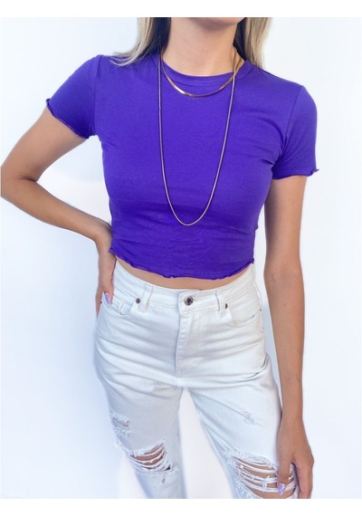 Kadın Büzgü Detaylı Crop Mor Tshirt