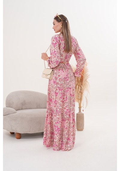 Polologin Butik Çiçekli Viskon Elbise Pembe