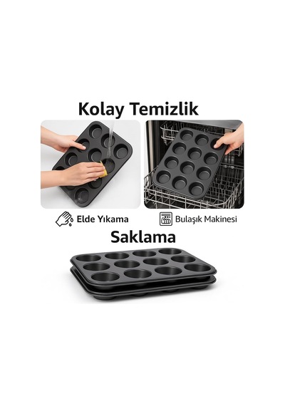 12 Gözlü Metal Muffin Kalıbı Yapışmaz Kaplama, Fırın Uyumlu, Dayanıklı Siyah Muffin Ve Cupcak