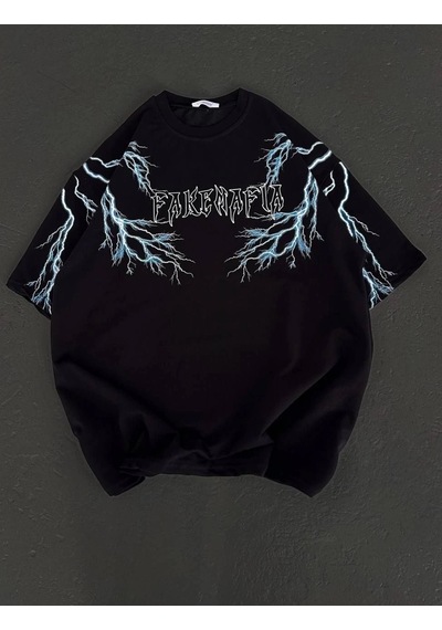Kadın Bisiklet Yaka Baskılı Kısa Kol Oversize T-shirt - Siyah Siyah