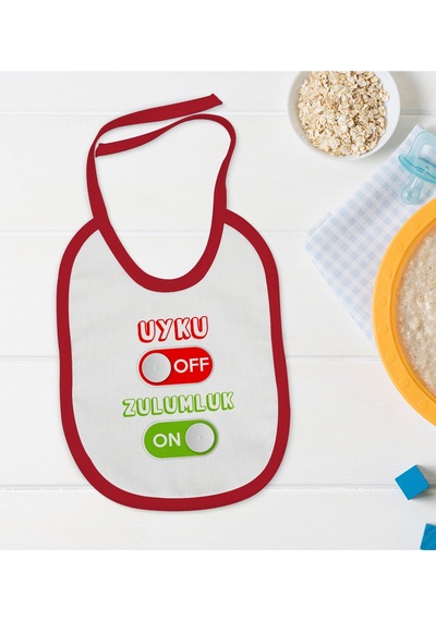BK Kids Uyku Off Tasarımlı Kırmızı Bebek Mama Önlüğü-1 Kırmızı