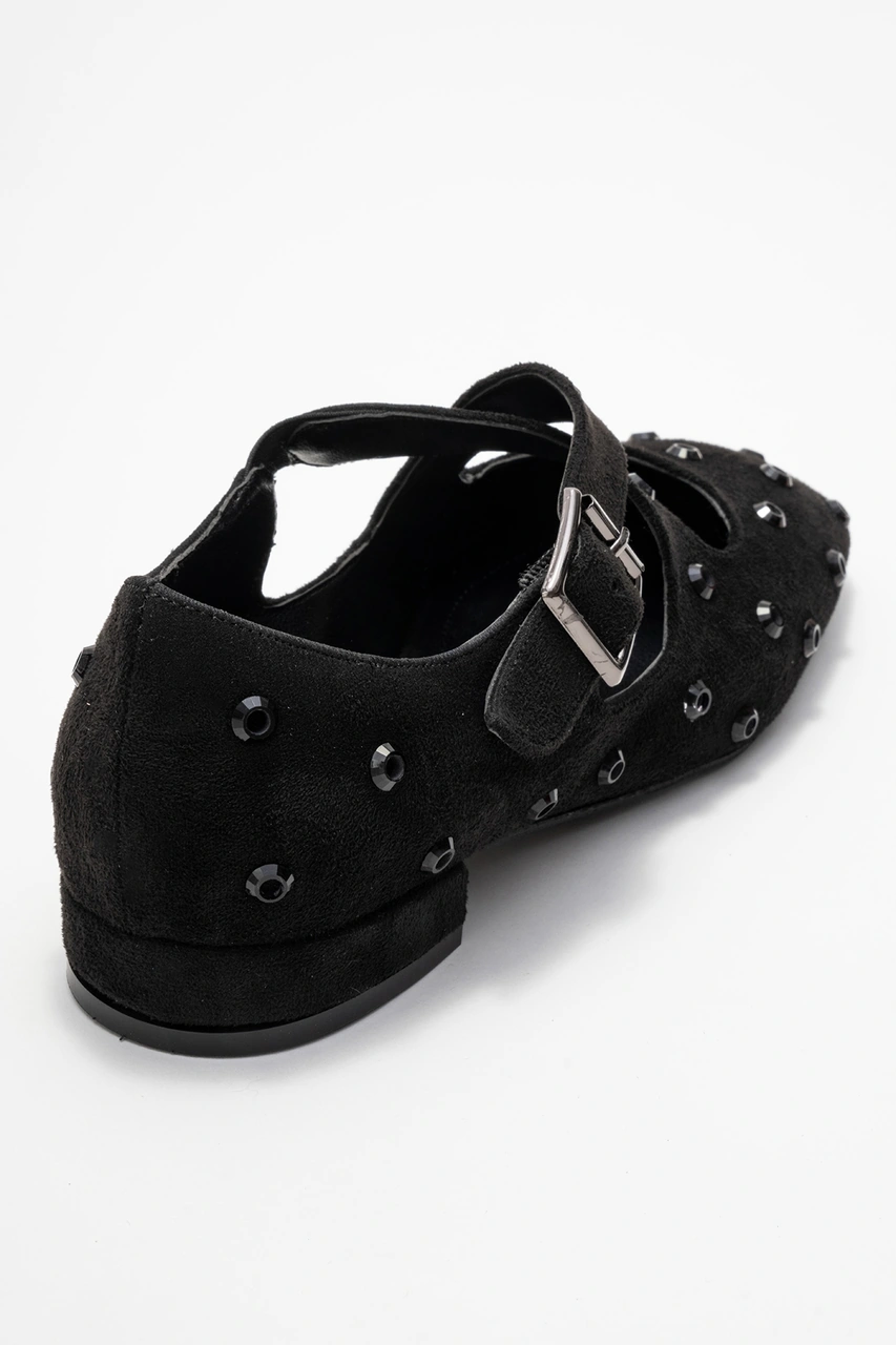 Luvishoes Luvi Shoes Addıson Siyah Süet Taşlı Çapraz Bantlı Kadın Babet Ayakkabı Siyah Süet