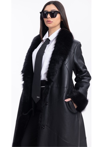 M M Marki Marki Kadın Siyah Hakiki Deri Palto İçi Özel Kürklü Uzun Premium 125 Cm - 121722