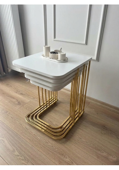 4 Lü Tekerlekli Zigon Sehpa Gold Beyaz
