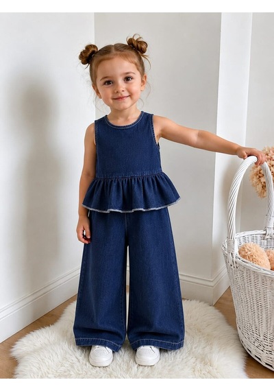 My Kids Wear Mini Chic Fırfır Detaylı Kız Çocuk Takım 12832 Mavi - Siyah