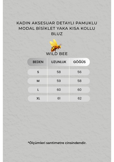 Wild Bee Kadın Kahverengi Aksesuar Detaylı Pamuklu Modal Bisiklet Yaka Kısa Kollu Bluz