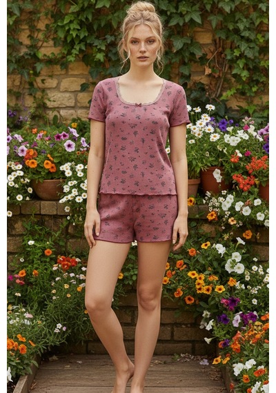 Siyah İnci Dantelli Fitilli Kaşkorse Örme Şortlu Pijama Takım 26120052 Gülkurusu