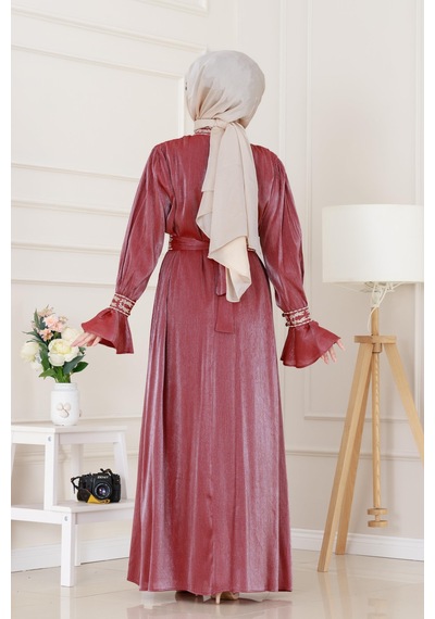 Kolu Volanlı Nakış Detaylı Abiye-bordo-4959