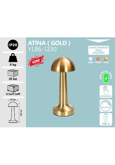 Noas Atına Masa Lambası Şarj Edilebilir Gold-3 Renk Gün Işığı