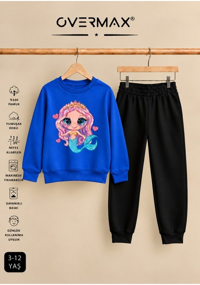 Overmax Deniz Kızı Baskılı Kapüşonsuz Sweatshirt Eşofman Takımı 3-12 Yaş Saks Mavi Üst-siyah Alt - 921001102 Saks Mavi Üst-siyah Alt