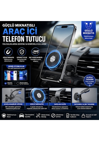 Manyetik Araç İçi Telefon Tutucu Torpido Üzeri Ekran Üzeri Kullanım İçin Tüm Araçlara Uyumlu