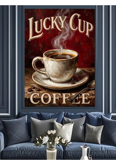 Lucky Cup Buharlı Kahve Afişi Dekoratif Kanvas - Mdf Ahşap Tablo