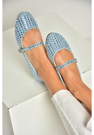 Fox Shoes U726634504 Mavi Kot Kumaş Taş Detaylı Kadın Babet Mavi Kot-kumaş