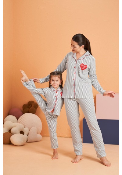 Pjs Kadın Önden Düğmeli Gömlek Yaka Çizgili Uzun Kollu Pijama Takım gri
