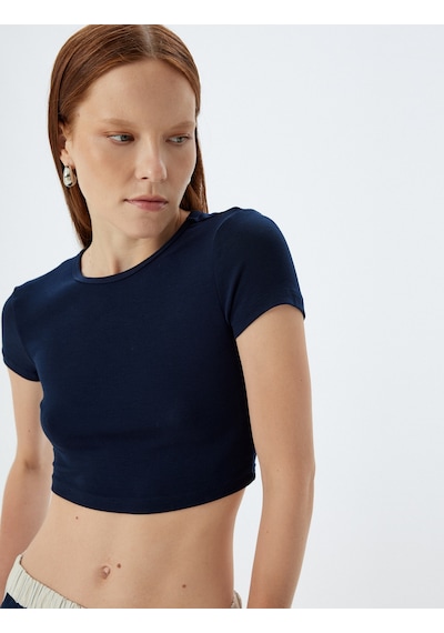 Koton Basic Crop Tişört Viskon Kumaş Kısa Kollu Bisiklet Yaka Slim Fit Lacivert 5wak50043ek Lacivert