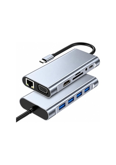 11 İn 1 Arada Usb-c Hub Type-c Çoklayıcı Adaptör, 4k Hdmı, Vga, Rj45 Ethernet, Pd Şarj, Usb 3.0 + 3 Usb 2.0, Sd/tf Kart Okuyucu, 3.5 Mm Ses Çıkışı, Tüm Type-c Cihazlarla Uyumlu