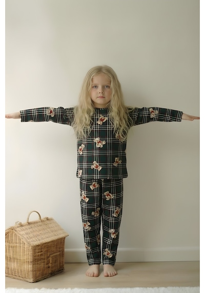 Esila Kids Kız Çocuk Pijama Takımı Uzun Kollu Ayıcık Desenli Yeşil