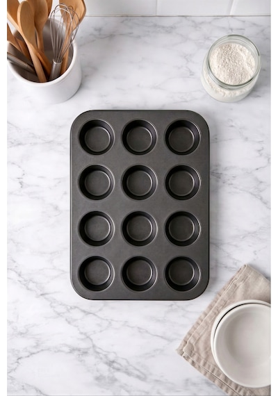 12'li Cupcake Kek Kalıbı, Yanmaz Yapışmaz Kek Kalıbı Siyah