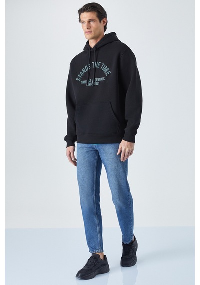 Grimelange Wulf Erkek Organik Kumaşlı İçi Polarlı Yumuşacık Kanguru Cepli Kapüşonlu Siyah Sweatshirt Siyah