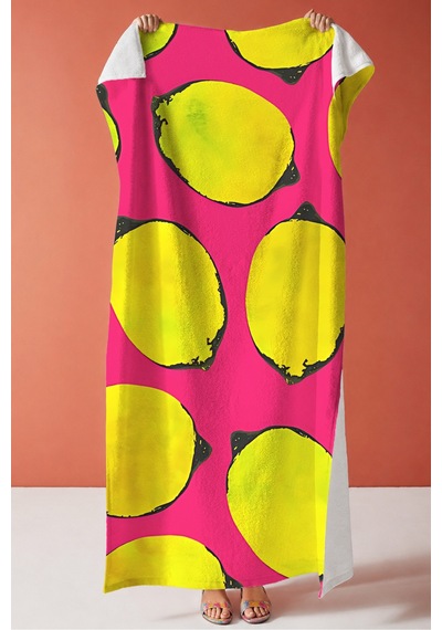 Limon Temalı Fuşya Sarı Plaj Havlusu - Tropikal Pop Art Havuz Deniz Hızlı Kuruyan Mikrofiber Havlu Çok Renkli
