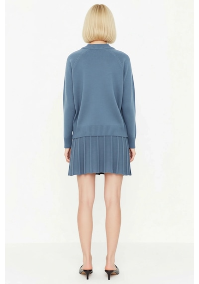 Benerly Kadın Oversize Reglan Kollu Dik Yaka Pileli Etek Kazak Takımı Rah Indigo
