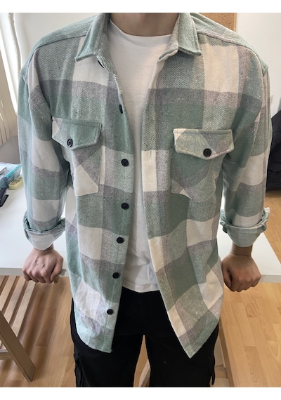 Erkek Su Yeşili-beyaz Çift Cep Kapaklı Slim Fit Oduncu Gömlek Su Yeşili-beyaz