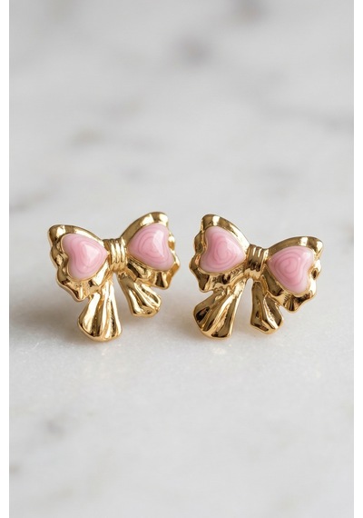 Gold Kalp Pembe Mineli Kurdele Premium Çelik Küpe Çok Renkli