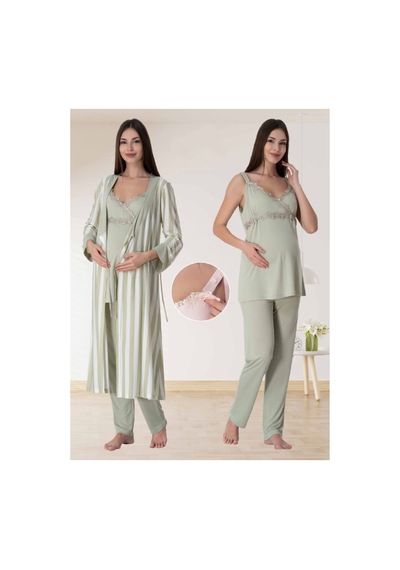 Effortt Dvina Lohusa Hamile Çizgili Sabahlıklı Askılı Pijama Takımı - Yeşil Yeşil