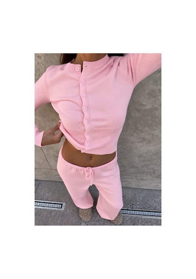 De Pose Düğme Detaylı Pijamalı Hırka Triko Takım Pembe