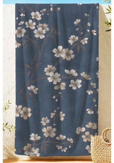 Çiçekli Lacivert Plaj Havlu Örtüsu - Vintage Sakura Modern Hızlı Kuruyan Mikrofiber Havlu Örtü Berrak Yosun