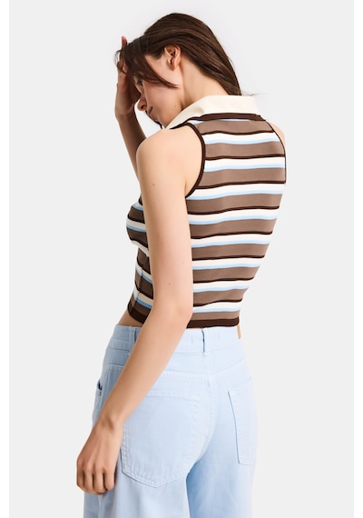 Kadın Mavi Kahve S6-103 Crop Fit Polo Yaka İnce Yazlık Triko Body