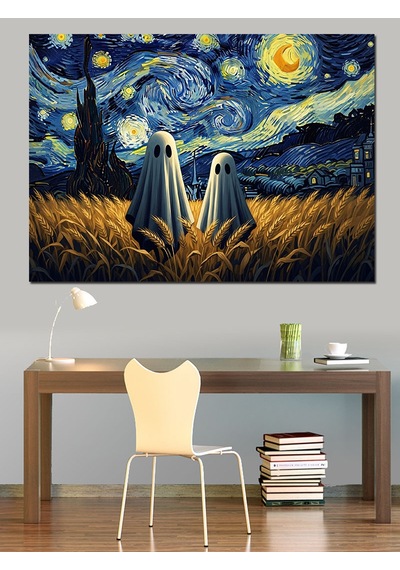 Yıldızlı Gece Van Gogh Hayalet İllüstrasyonu Dekoratif Kanvas - Mdf Ahşap Tablo