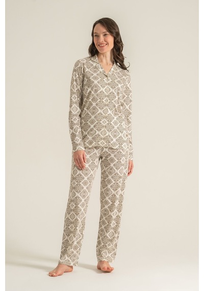 Pierre Cardin Kadın Desenli Krem Gömlek Pijama Takımı Pc9276-s-v1 Pc9276-s-v1