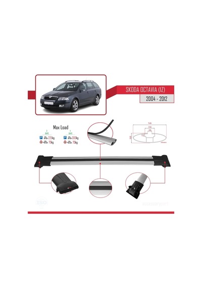 Skoda Octavia 1z 2004-2012 Arası İle Uyumlu Fly Model Ara Atkı Tavan Barı Gri 3 Adet Bar