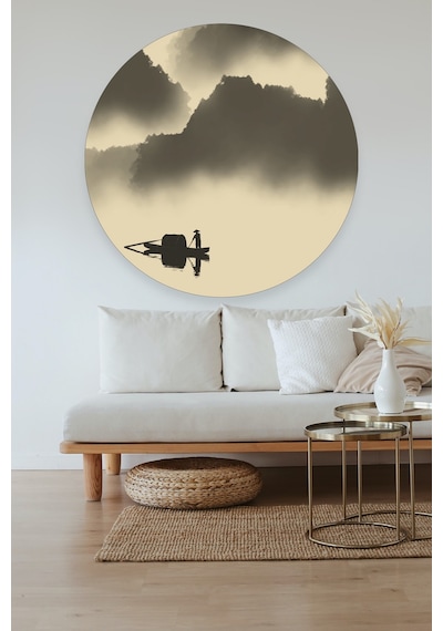 Kayık Ve Dağ Manzara Baskılı Dekoratif Duvar Sticker 80x80 Cm