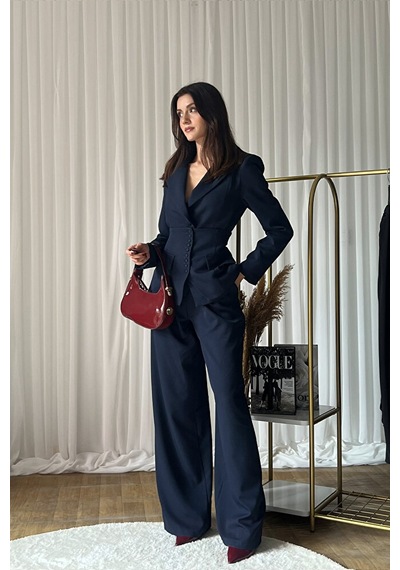 Üçlü Blazer Korse Pantolon Takım Lacivert
