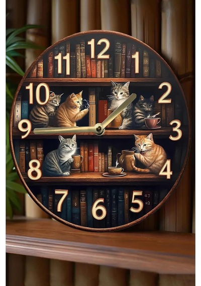 Sessiz Yuvarlak Ahşap Duvar Saati Kuvars Hareketli 2d Kedi Desen Sdw018,sdw018 33 X Çok Renkli