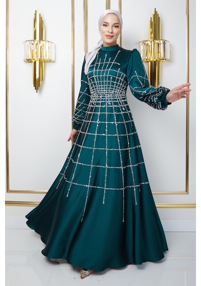 Olcay Önü Ve Kolları Taş Ve Pul Bezeli Kloş Saten Tesettür Abiye Elbise Yeşil 1675