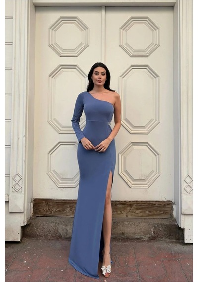 Linabloom Kadın Trend Model Simli Kumaş Asimetrik Yaka Drapeli Tek Kollu Elbise Indigo