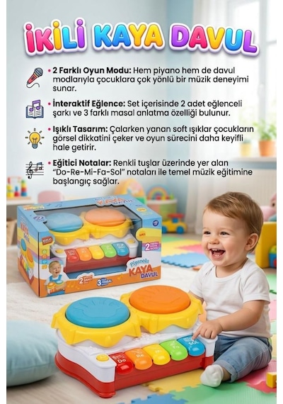 Piyanolu İkili Kaya Davul Işıklı Sesli Müzikli Masal Anlatan Şarkı Çalan Eğitici Oyuncak Enstrüman
