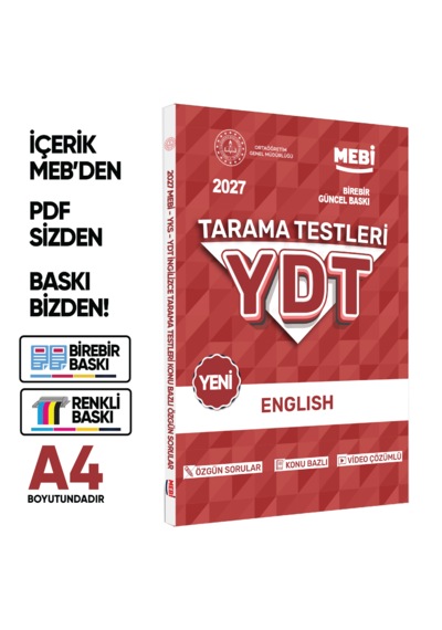 2027 Yks-ydt Mebi-ogm İngilizce Özgün Tarama Testleri Kitabı A4 Boyut Renkli Görsel Baskı Ücreti