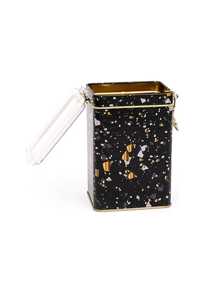 Terrazzo Black Desenli Kilitli Kapaklı Dikdörtgen Metal Saklama Kabı 7.5 x 10 x 15 CM 1 L