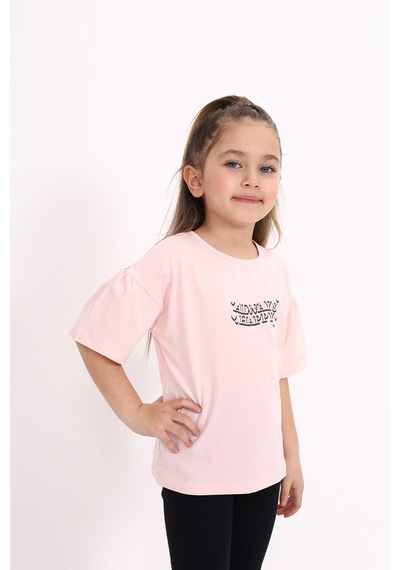 Toontoy Kids Kız Çocuk Baskılı Bisiklet Yaka Kısa Kollu Tişört Pudra