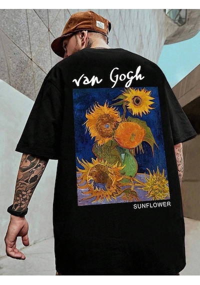 Unisex Siyah Oversize Van Gogh Baskılı Örme T-shirt Siyah-57130
