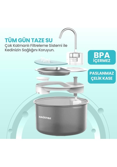 Haustier Wf009ls Otomatik Kedi Su Sebili,kedi Su Çeşmesi, Su Pınarı 3.5lt Geniş Hazne, Çelik Tabla, Ultra Sessiz,
