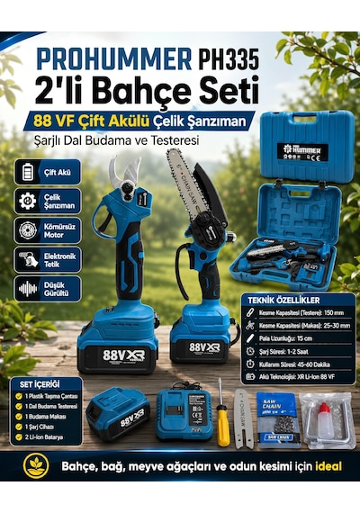 Prohummer Ph335 2li Bahçe Seti 88vf Çift Akülü Şarjlı Dal Budama Testeresi Ve Budama Makası
