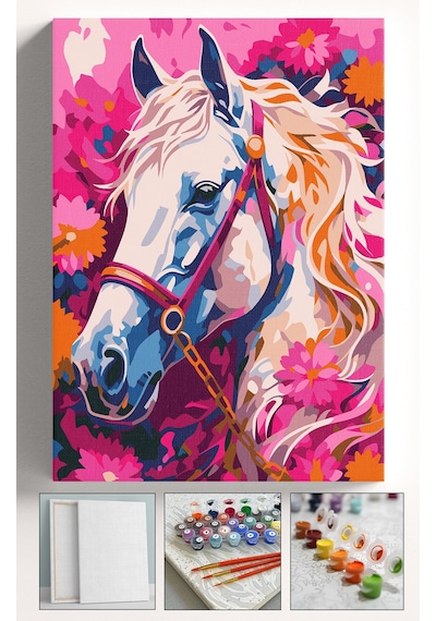 Sayılarla Boyama Seti Numaralı Tuval Fırça Boya Askı Aparatı Dahil Set 40x50 Cm - Çiçek Desenli At