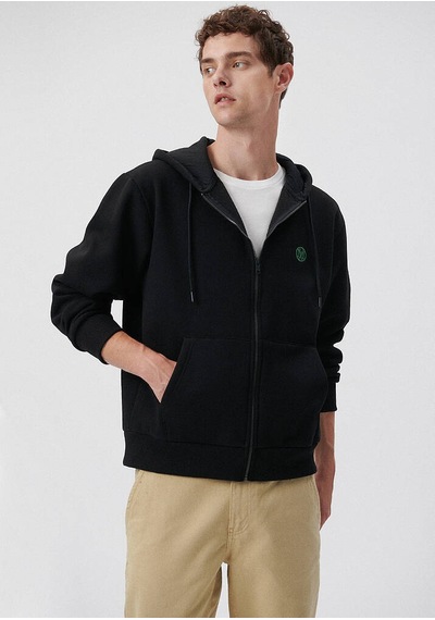 Erkek Mavi Logolu Kapüşonlu Fermuarlı Sweatshirt-siyah Siyah