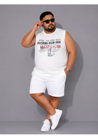 Büyük Beden Kolsuz Yuvarlak Yaka Baskılı Erkek Tishirt Atlet Beyaz